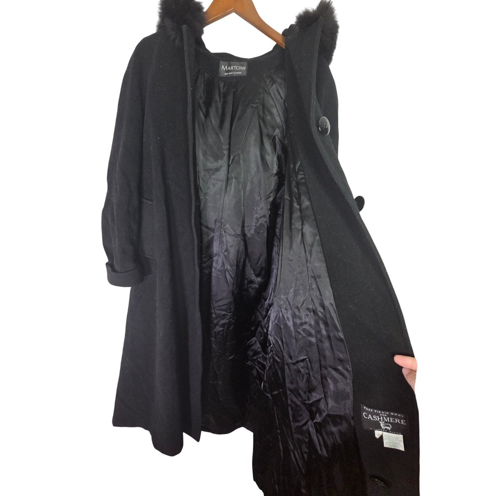Martoni Black Wool Cashmere‎ Blend Hooded Fur Trim Long Overcoat Coat Size 10 - Picture 9 of 11